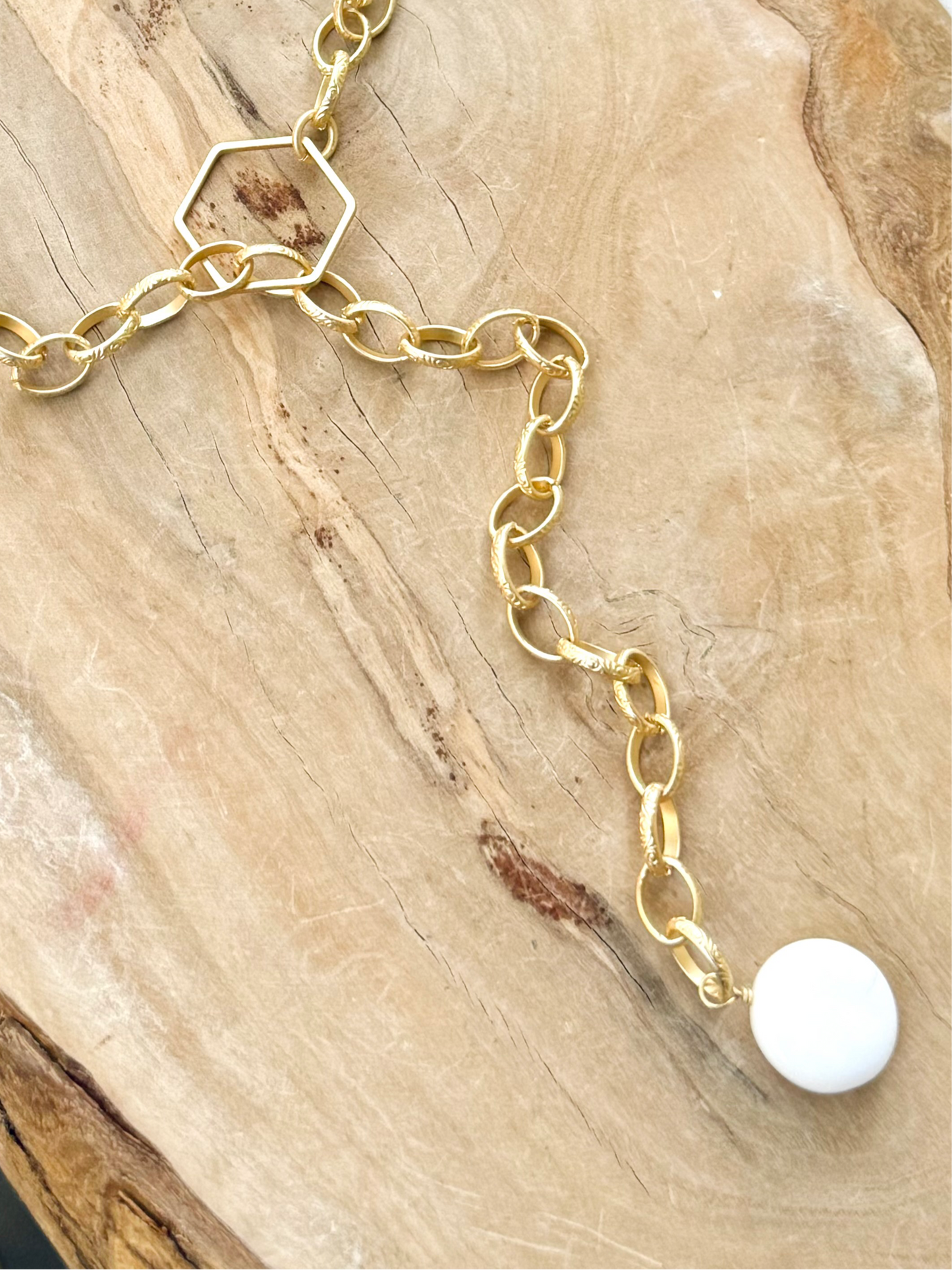 White Opal + Matte Gold Pull Through Lariat Necklace