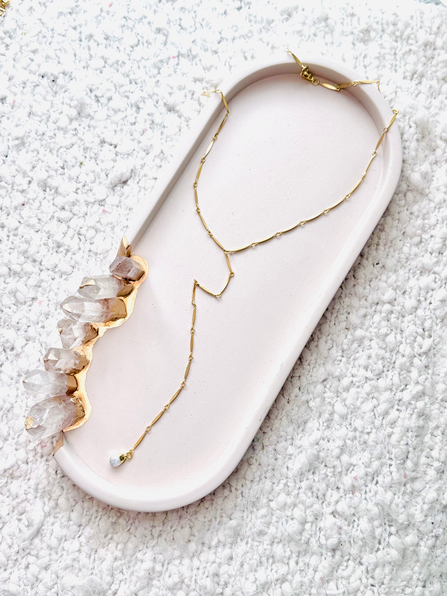 Rainbow Moonstone + Gold Lariat Necklace