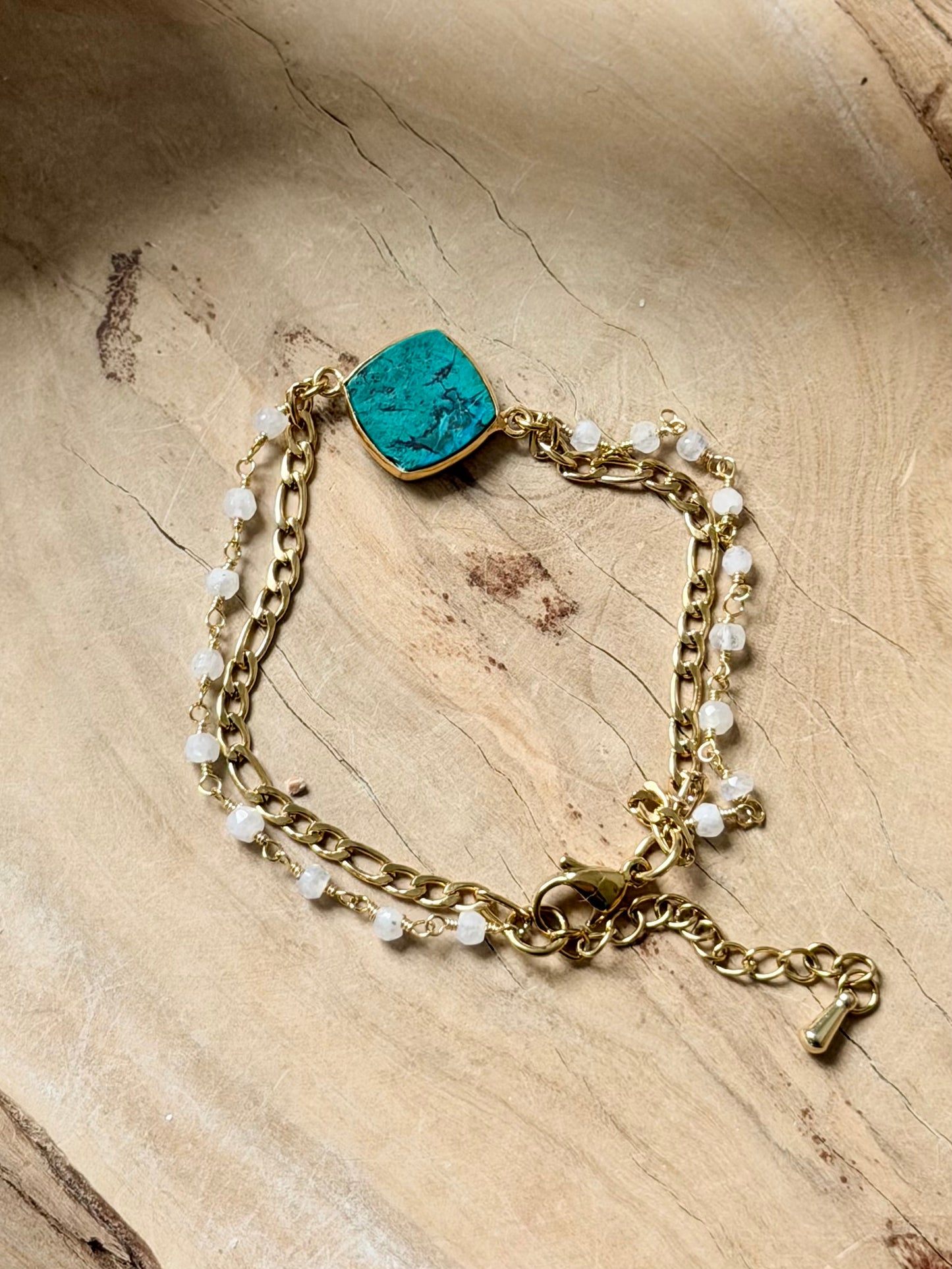 Chrysocolla + Moonstone Duet Bracelet in Gold Stainless Steel