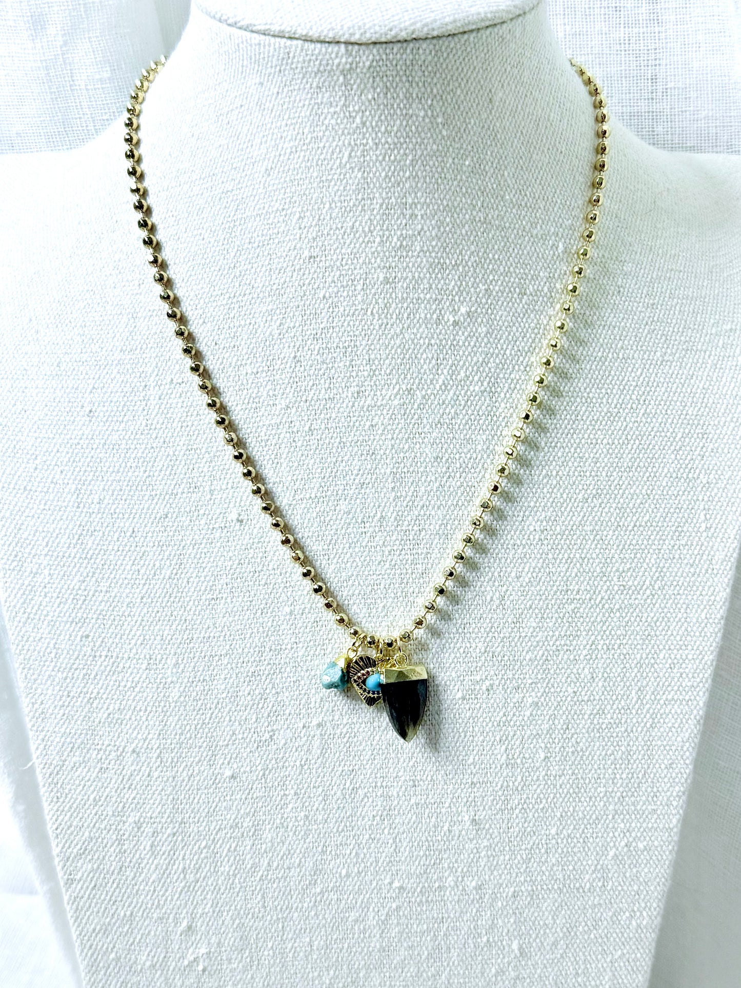 Hypersthene + Turquoise Gold Charm Necklace