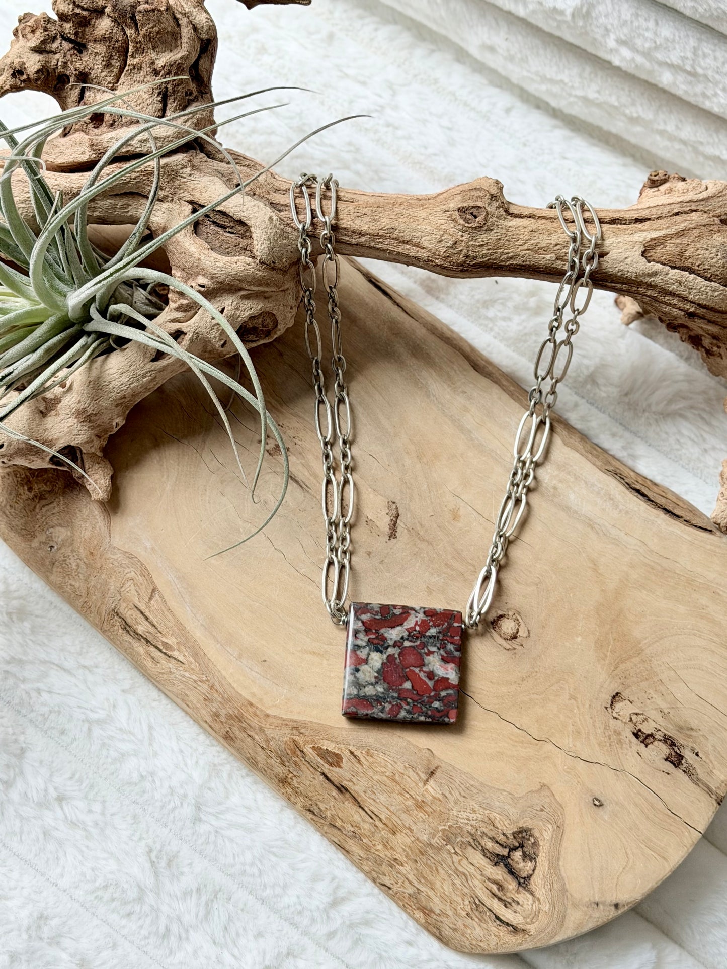 Red Brecciated Blood Jasper + Antique Silver Double Chain Necklace