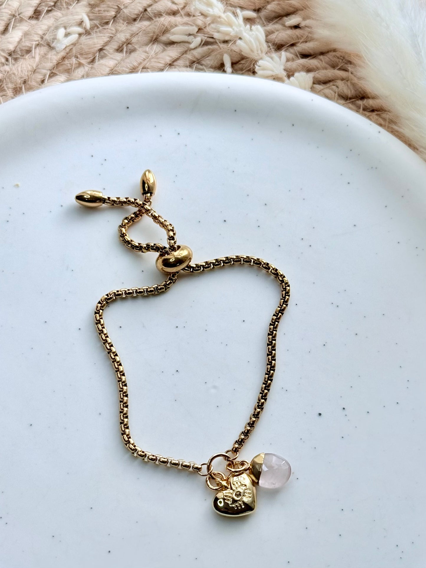 Rose Quartz + Gold Evil Eye Heart Slider Bracelet