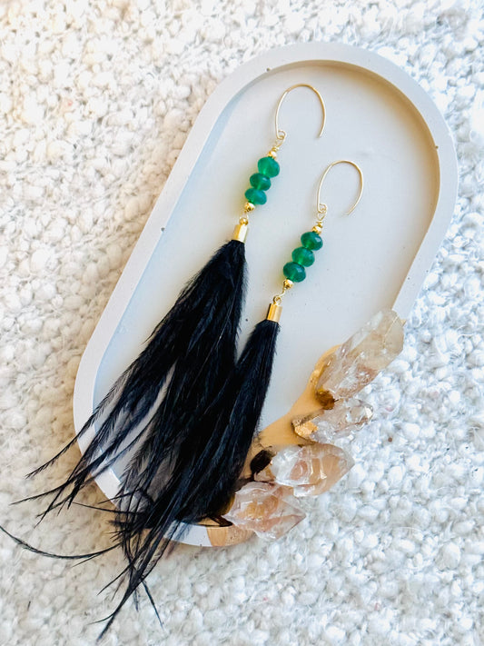 Green Onyx + Gold Black Feather Earrings