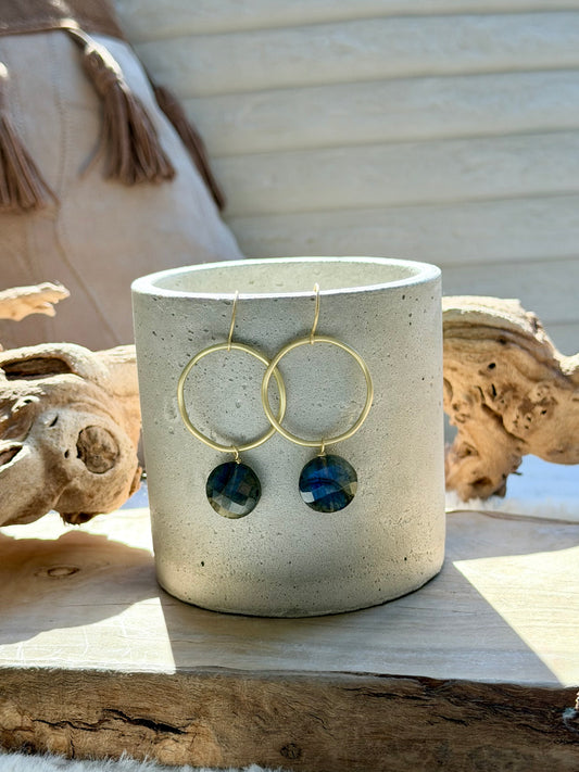Labradorite + Matte Gold Circle Earrings