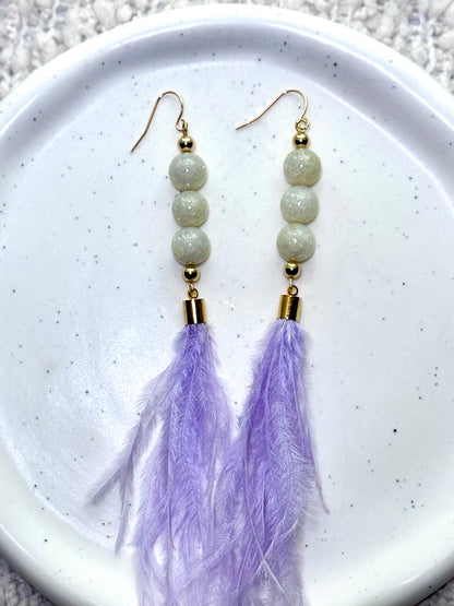 Opal + Gold Lavender Feather Earrings