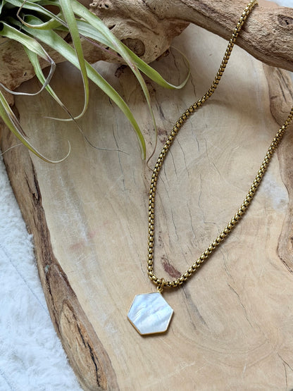Mother of Pearl Hexagon + Gold Stainless Steel Necklace