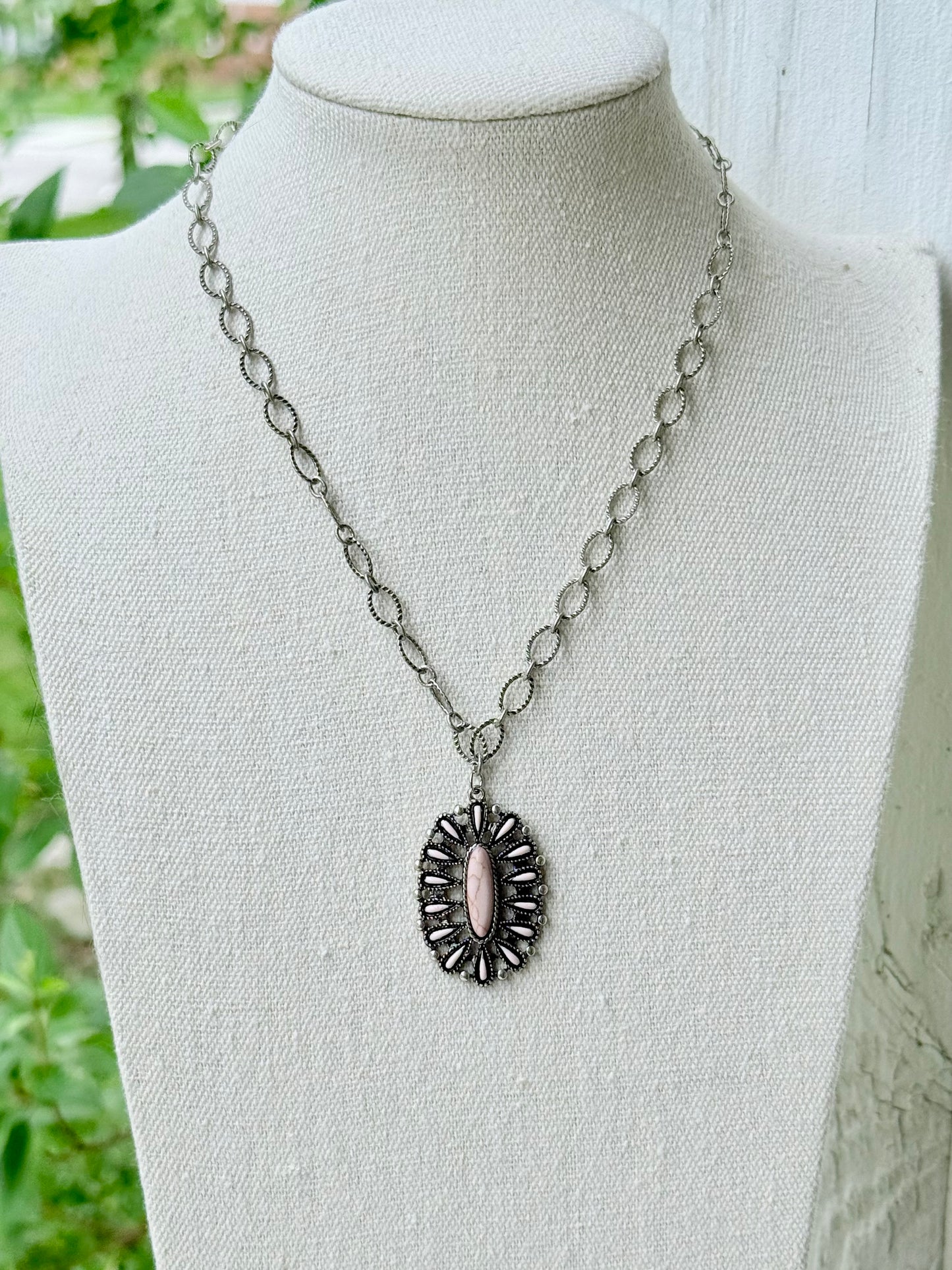 Pink Howlite + Antique Silver Necklace