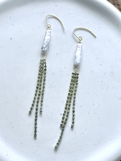 Freshwater Biwa Pearl + Gold Rhinestone Drop Earrings