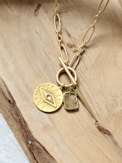 Rutile Quartz + Matte Gold Evil Eye Toggle Necklace