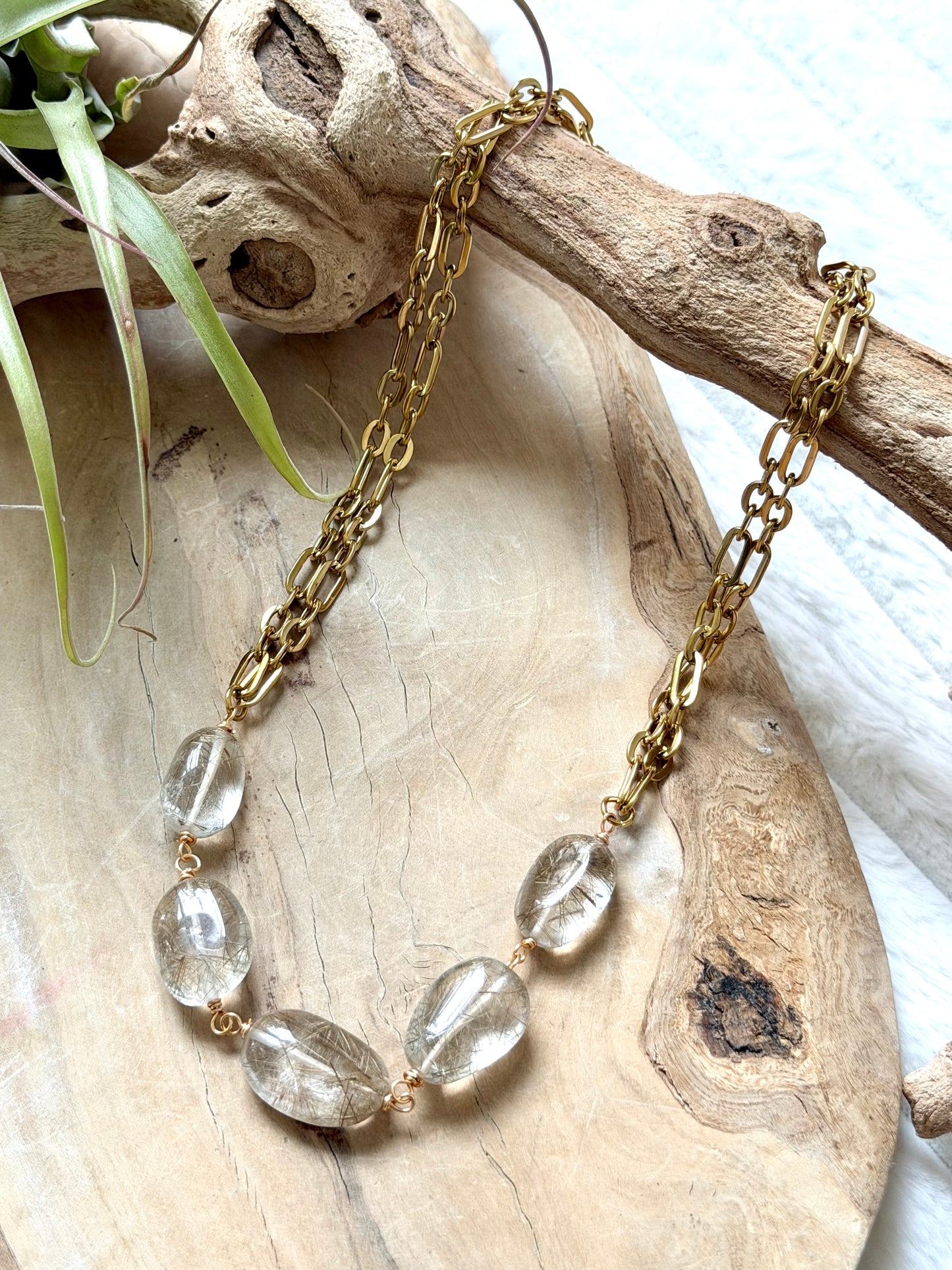 Chunky Rutilized Quartz + Gold Stainless Necklace