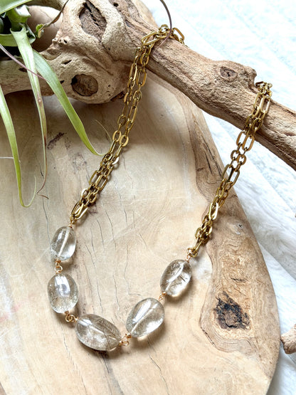 Chunky Rutilized Quartz + Gold Stainless Necklace