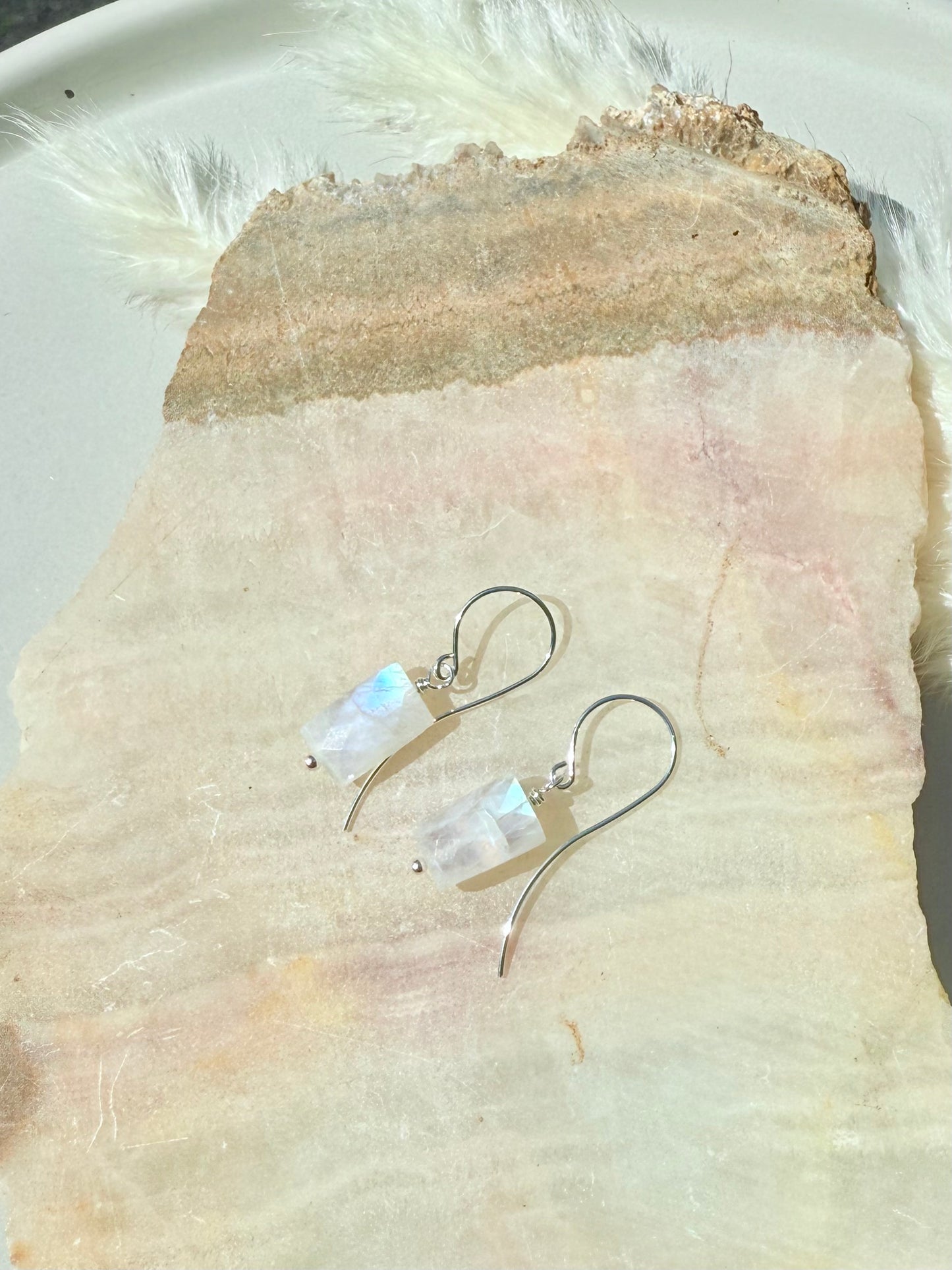 Rectangle Rainbow Moonstone + Silver Earrings