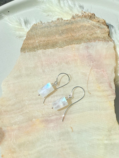 Rectangle Rainbow Moonstone + Silver Earrings