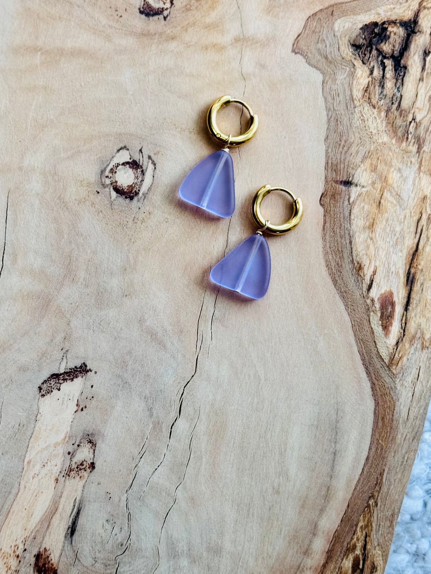 Lavender Sea Glass + Gold Huggie Earrings