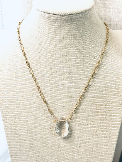 Clear Quartz + Matte Gold Pendant Necklace