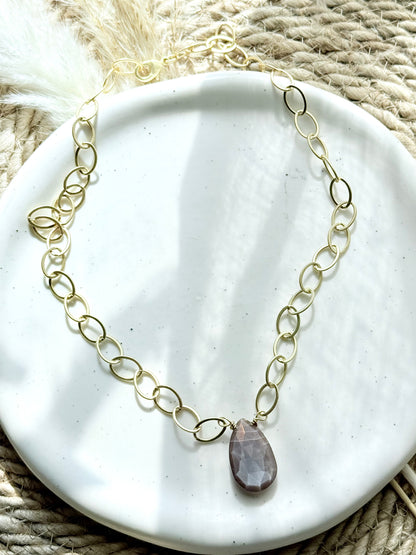 Chocolate Moonstone + Matte Gold Necklace