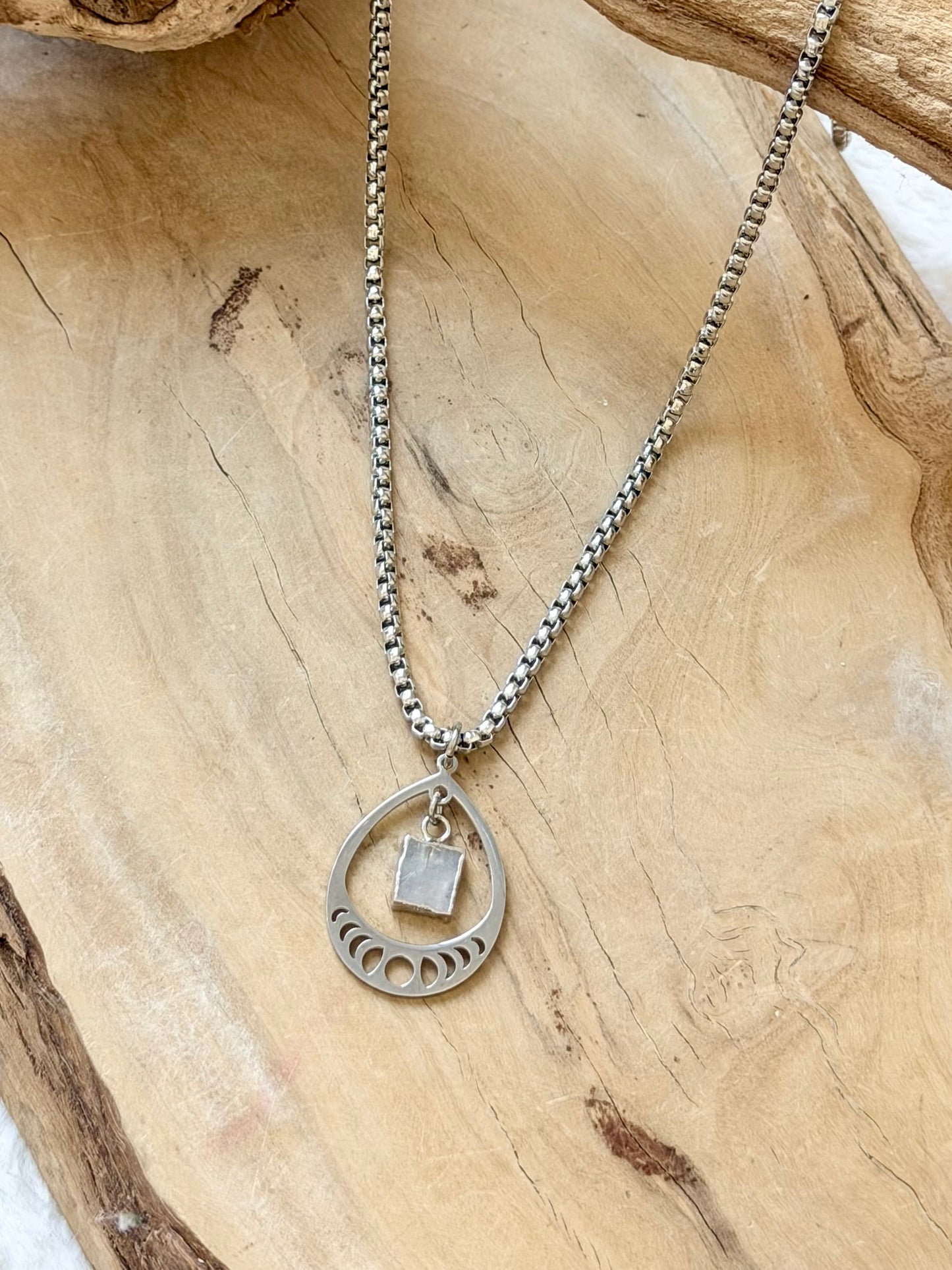 Rainbow Moonstone + Stainless Moon Phases Necklace