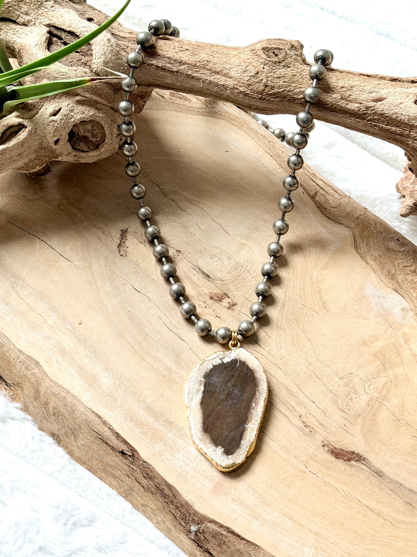 Large Agate + Gunmetal Ball Chain Necklace