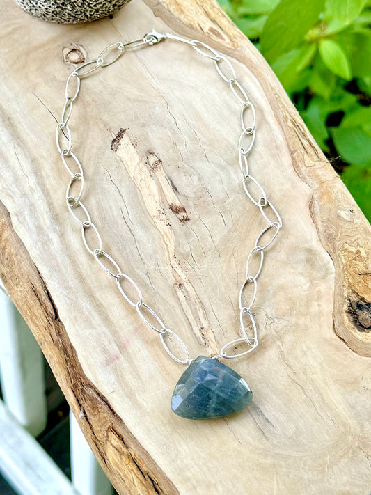 Labradorite Triangle Pendant + Silver Necklace
