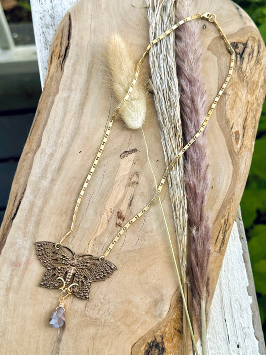 Chocolate Moonstone + Mixed Metals Butterfly Drop Necklace