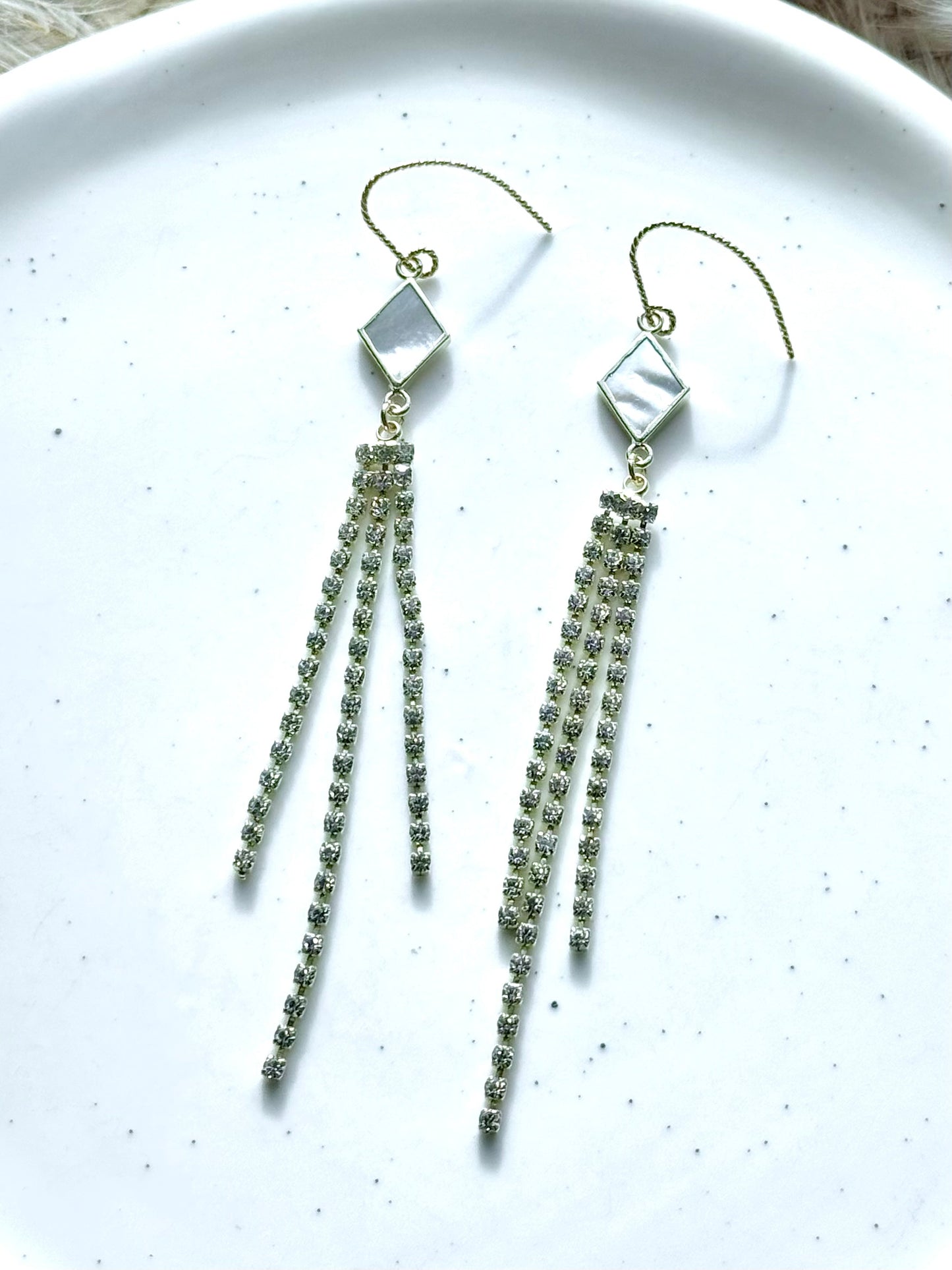 Mother of Pearl + Gold Rhinestone Drop Earrings