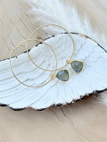 Labradorite + Matte Gold Hoop Earrings