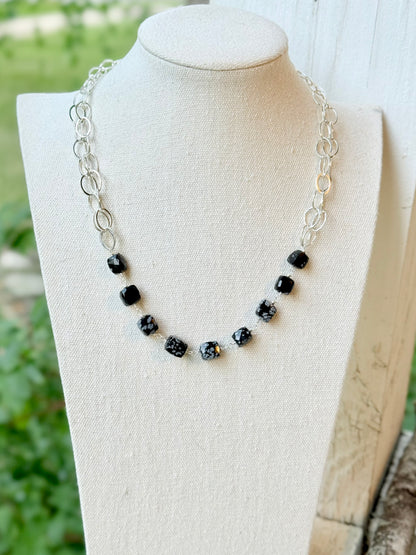 Snowflake Obsidian + Silver Double Chain Necklace