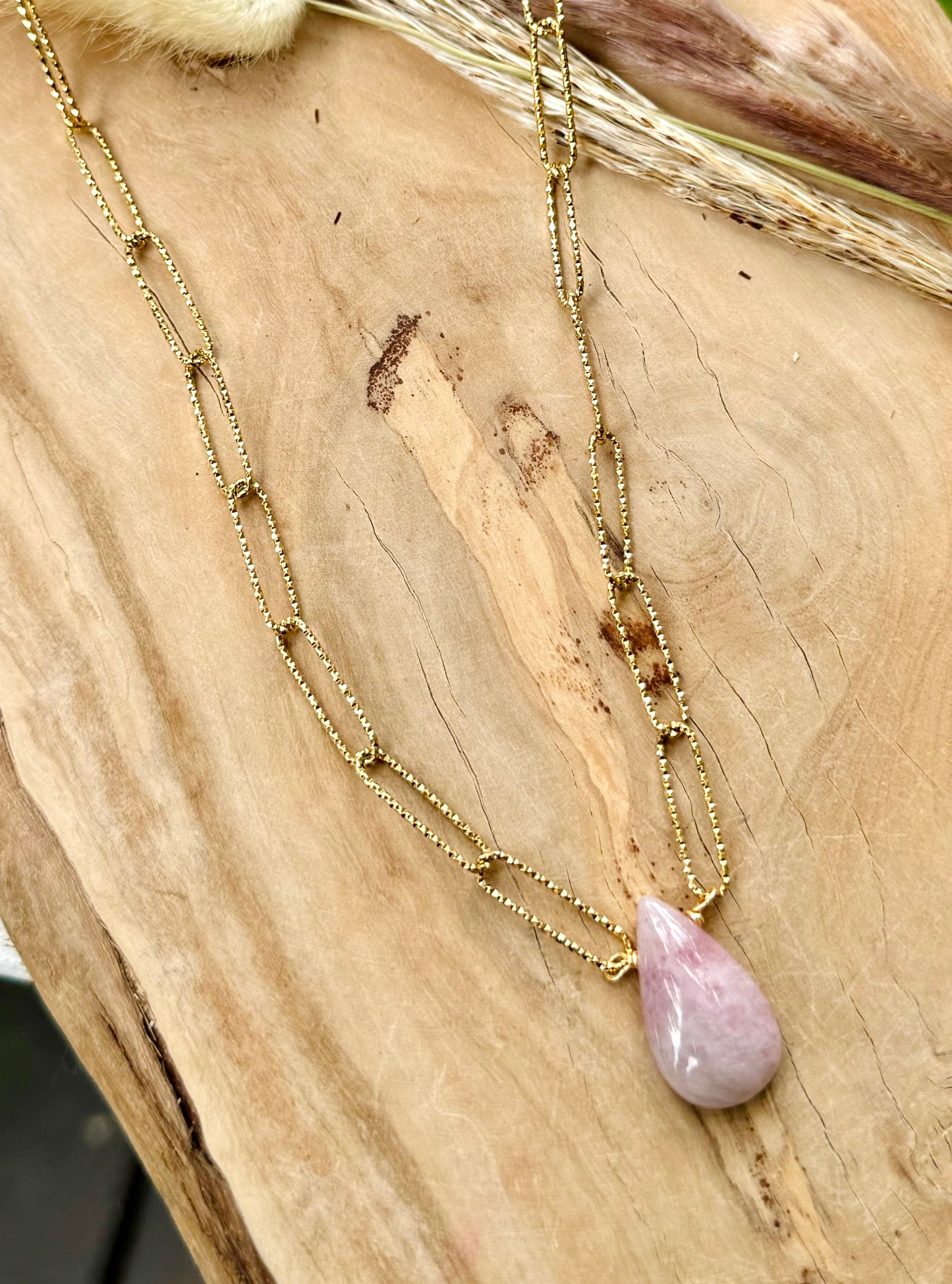 Madagascar Rose Quartz + Matte Gold Pendant Necklace