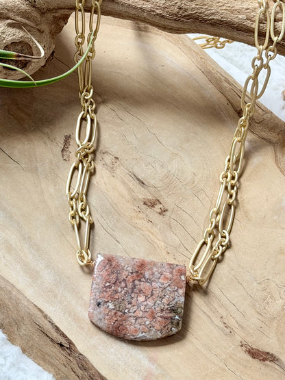 Pink Ocean Agate + Matte Gold Double Chain Necklace