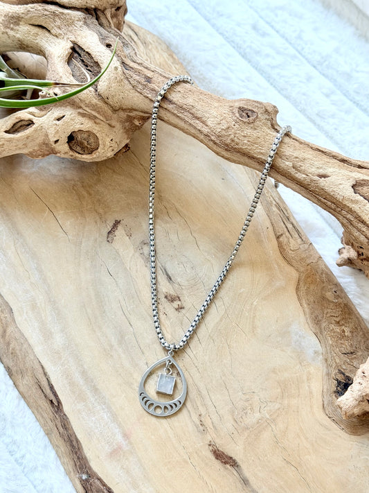 Rainbow Moonstone + Stainless Moon Phases Necklace