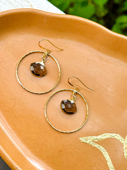 Smokey Quartz + Gold Circle Earrings