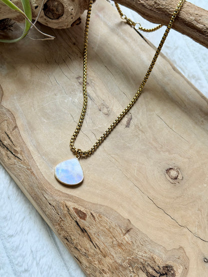 Rainbow Moonstone + Gold Drop Pendant Necklace