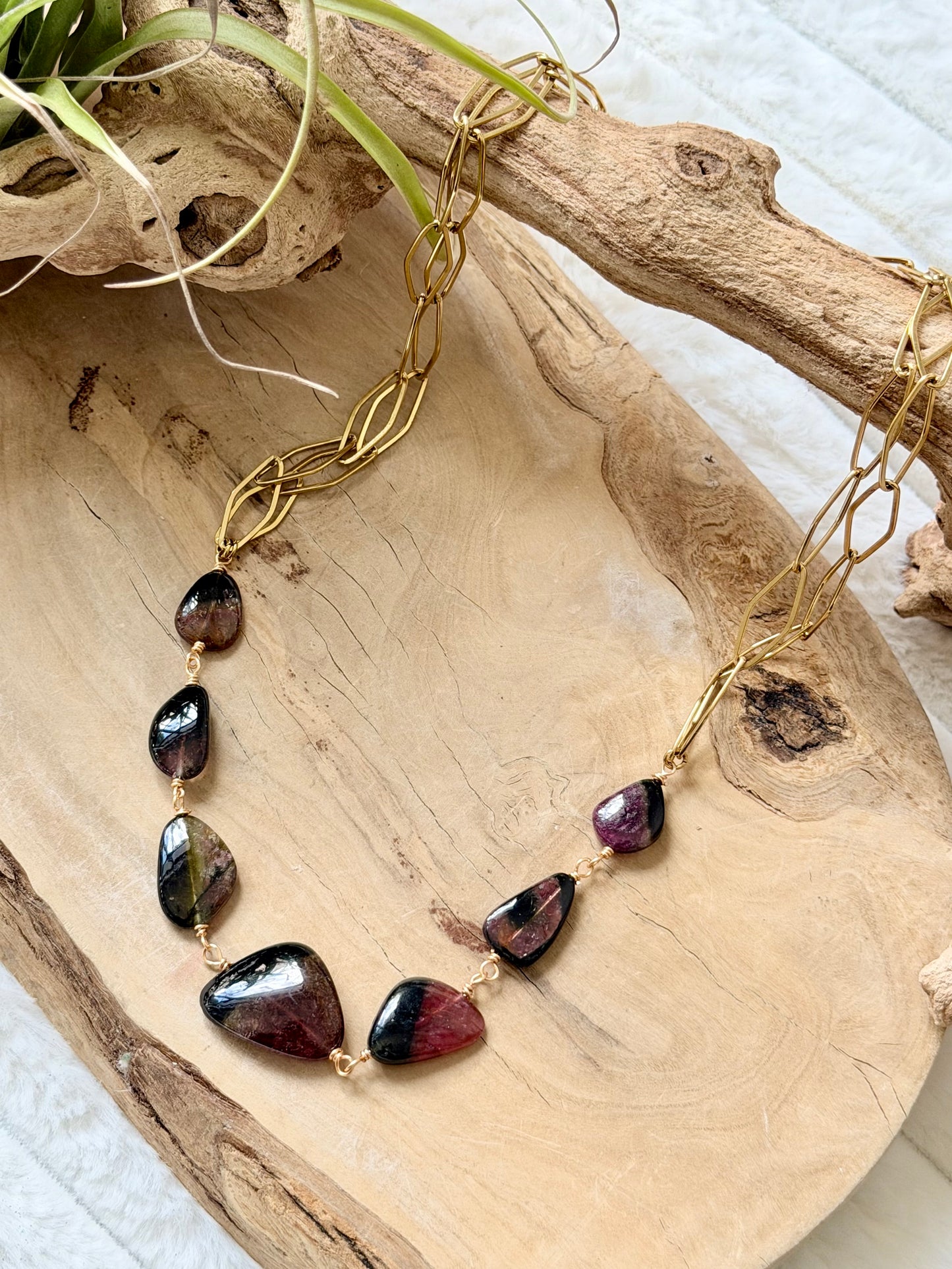 Luxe Bi-color Watermelon Tourmaline + Gold Stainless Steel Necklace