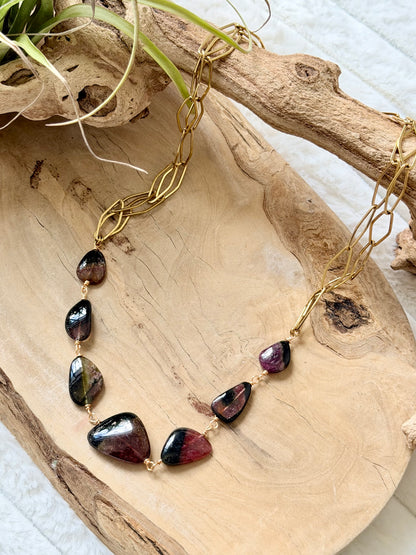 Luxe Bi-color Watermelon Tourmaline + Gold Stainless Steel Necklace