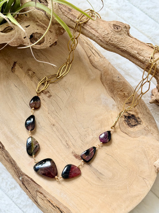Luxe Bi-color Watermelon Tourmaline + Gold Stainless Steel Necklace