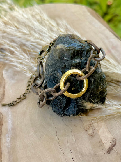 Dark Brass + Gold Ethiopian Wollo Ring Chain Bracelet