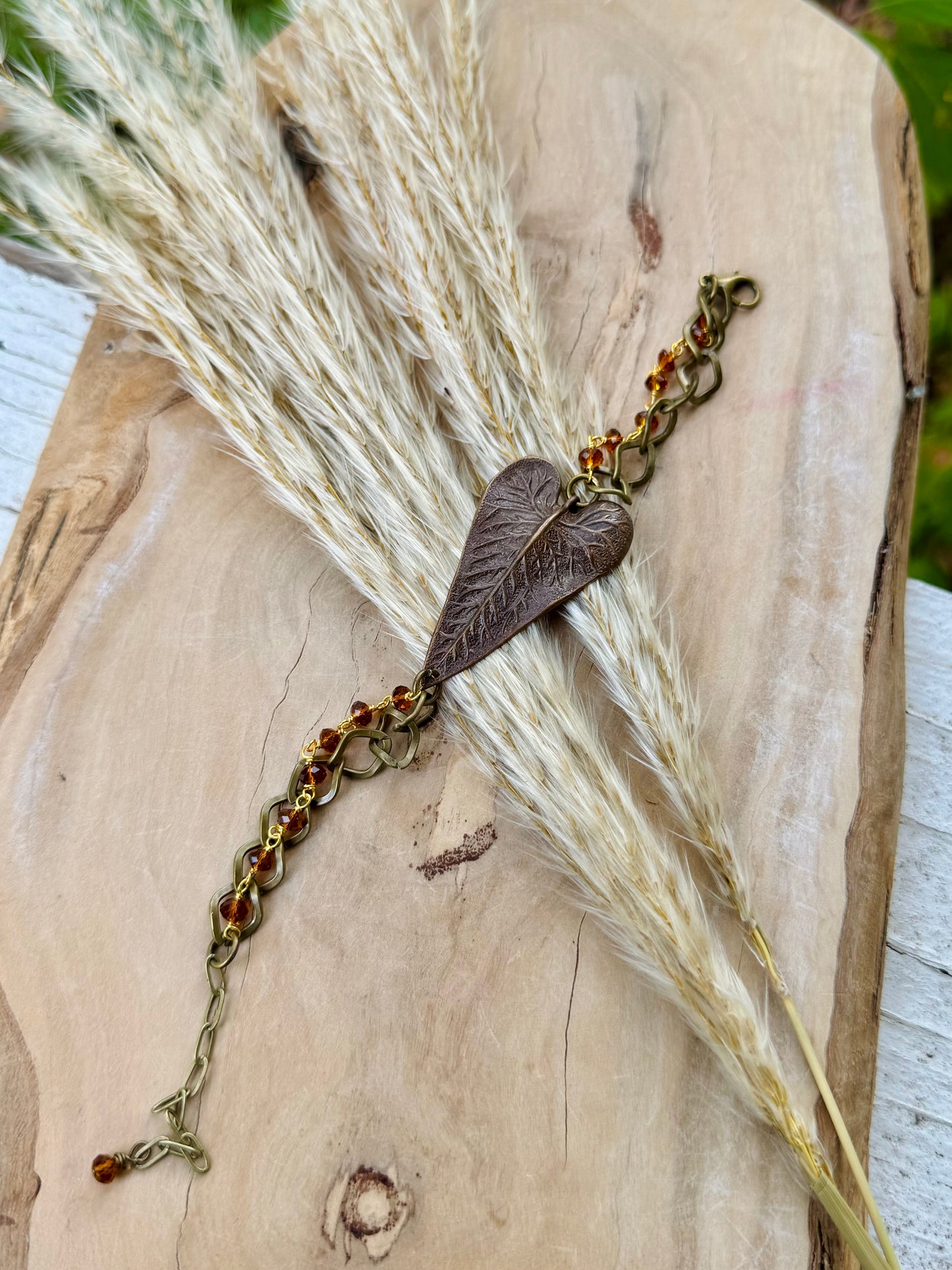 Brown Brass Leaf + Hessonite Garnet Mixed Metal Chain Bracelet