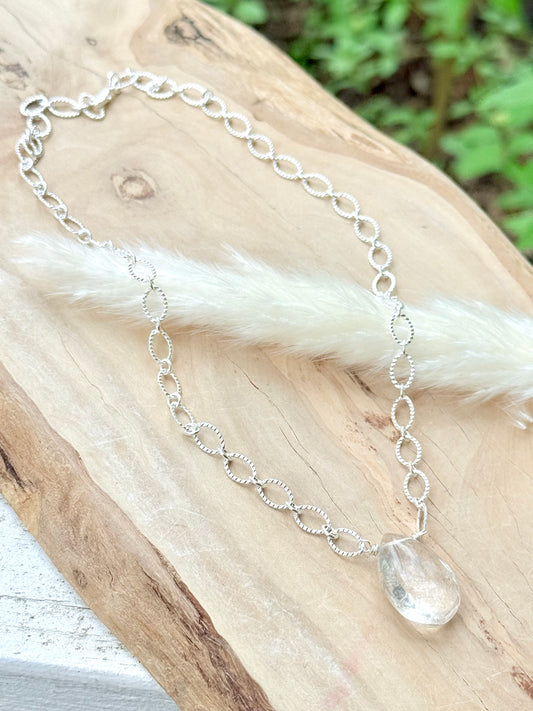 Clear Quartz + Textured Silver Necklace