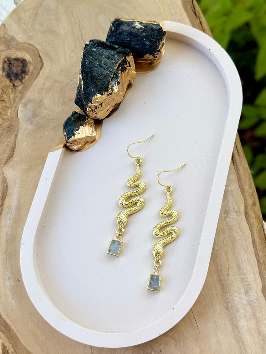 Rainbow Moonstone + Gold Snake Earrings