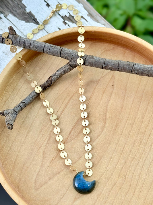 Labradorite + Matte Gold Moon Necklace