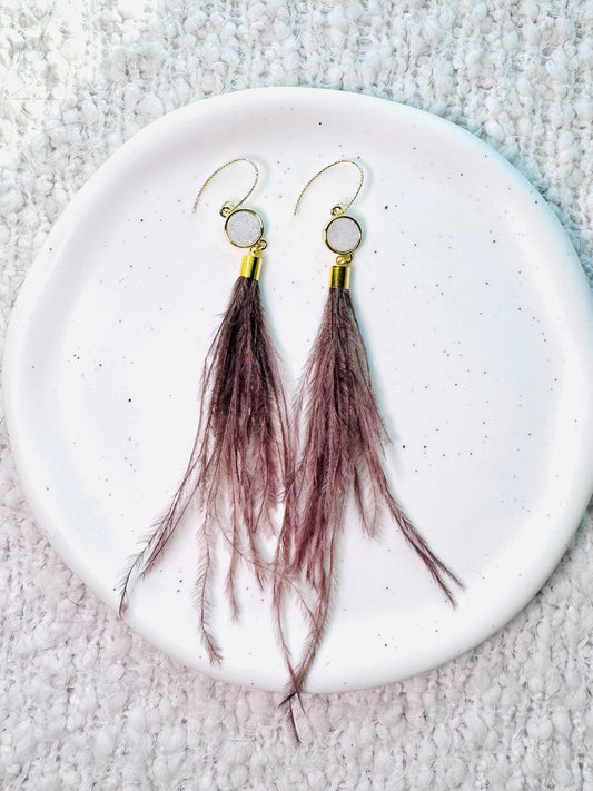White Druzy Agate + Gold Blush/Brown Feather Earrings