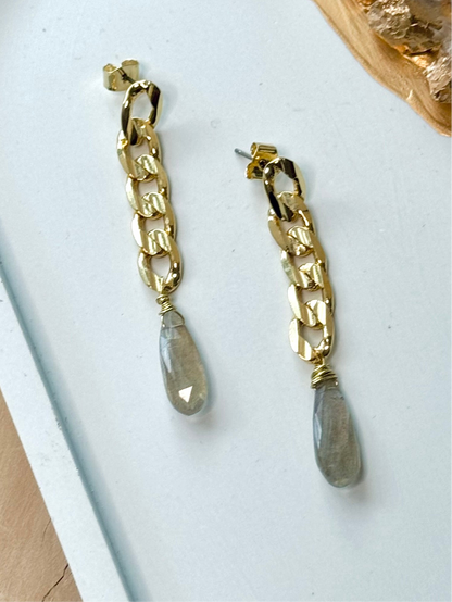 Labradorite + Gold Curb Chain Earrings