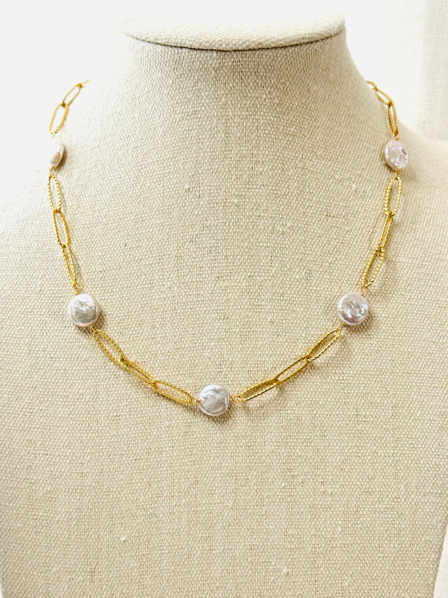 Freshwater Disc Pearl + Matte Gold Chain Necklace