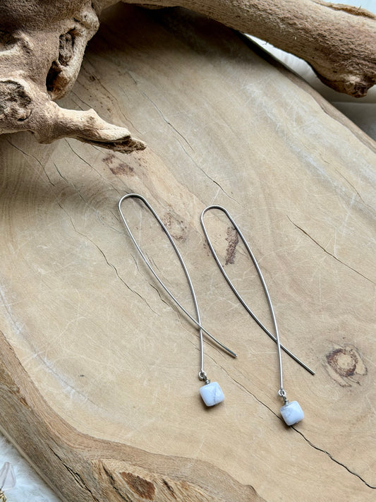 Blue Lace Agate + Silver Twister Threader Earrings