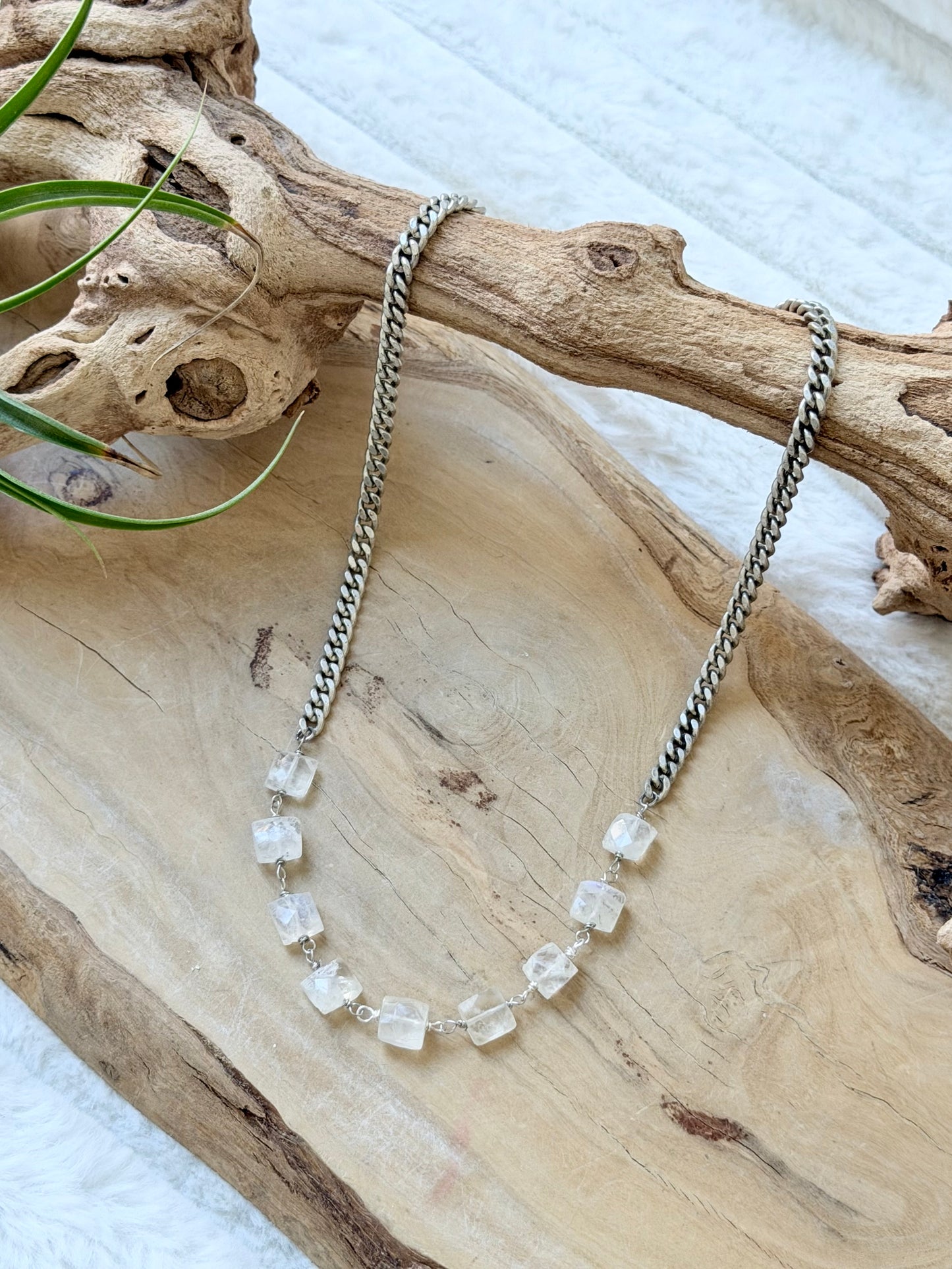 Rainbow Moonstone + Antique Silver Necklace