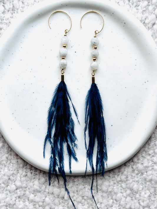 Moonstone + Gold Navy Feather Earrings