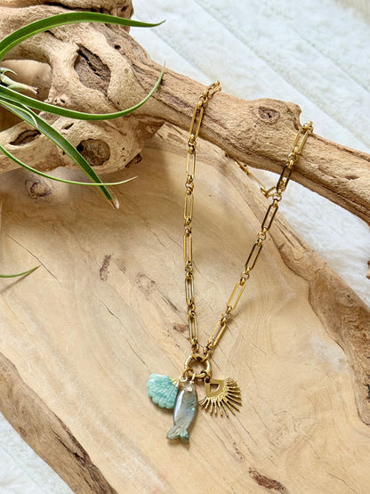 Amazonite + Labradorite Gold Fish Stainless Carabiner Charm Necklace