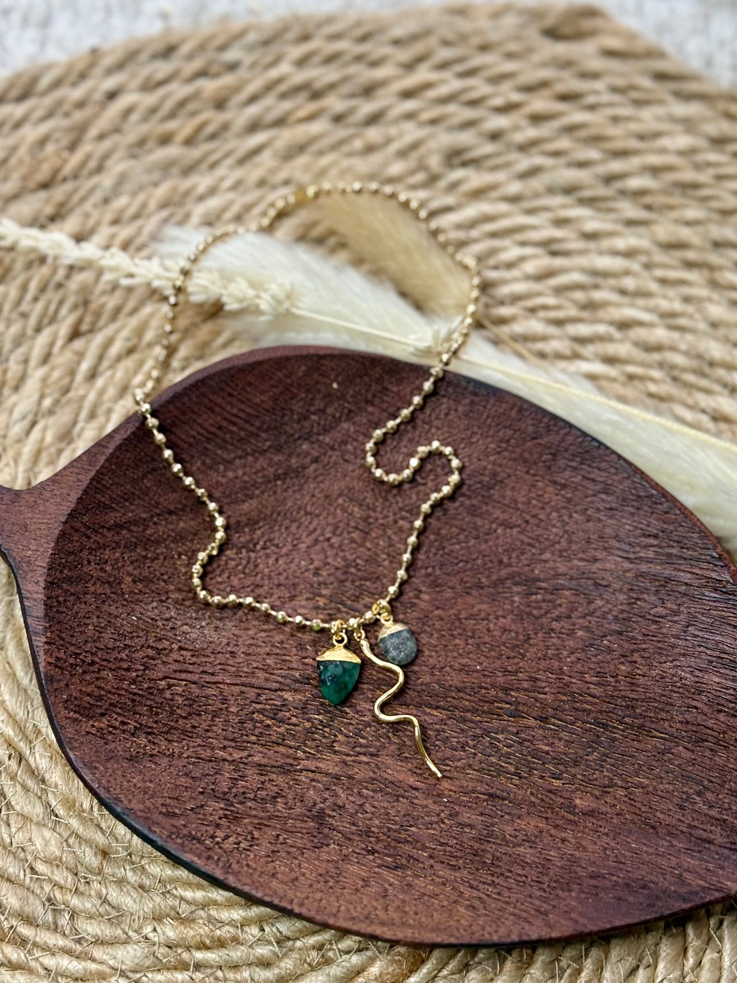 Emerald + Black Sunstone Gold Charm Necklace