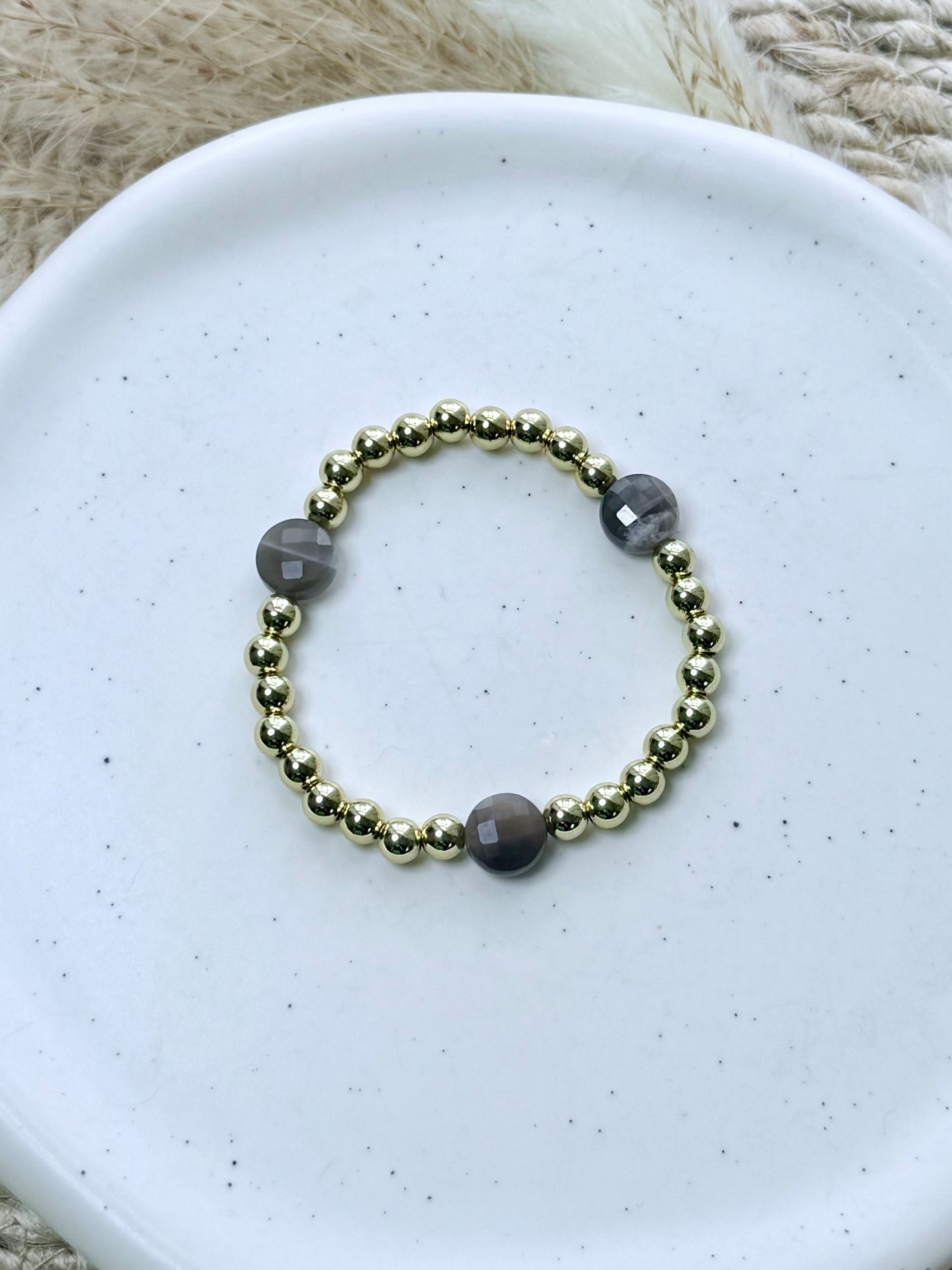 Black Moonstone Trio + Gold Beaded Bracelet