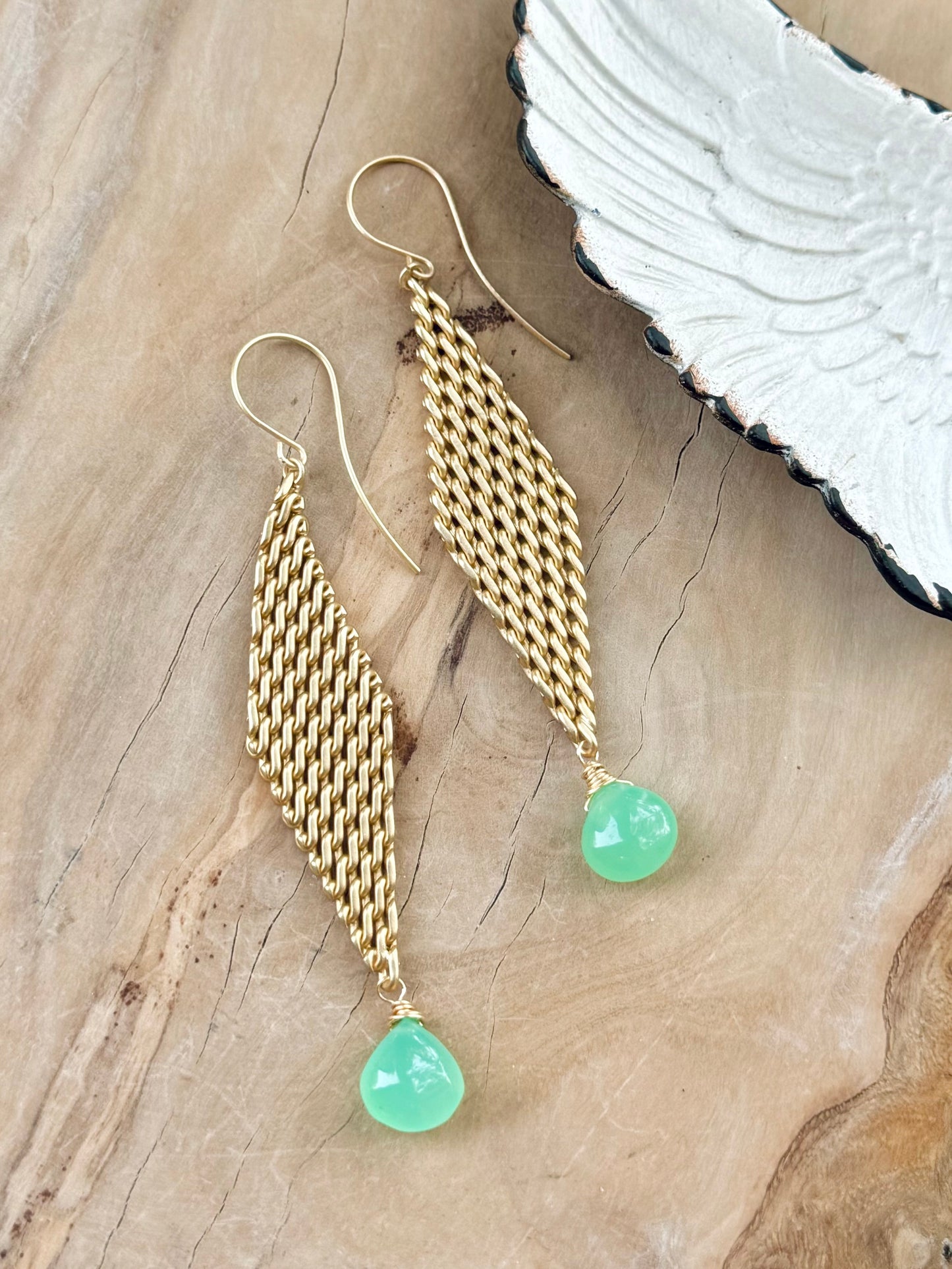 Chrysoprase + Matte Gold Mesh Earrings